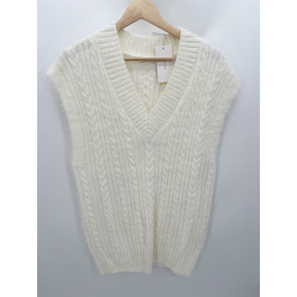 Arden J Women Cream Fuzzy Deep V-Neck Cable Knit Sweater Size L Acadamia Preppy‎